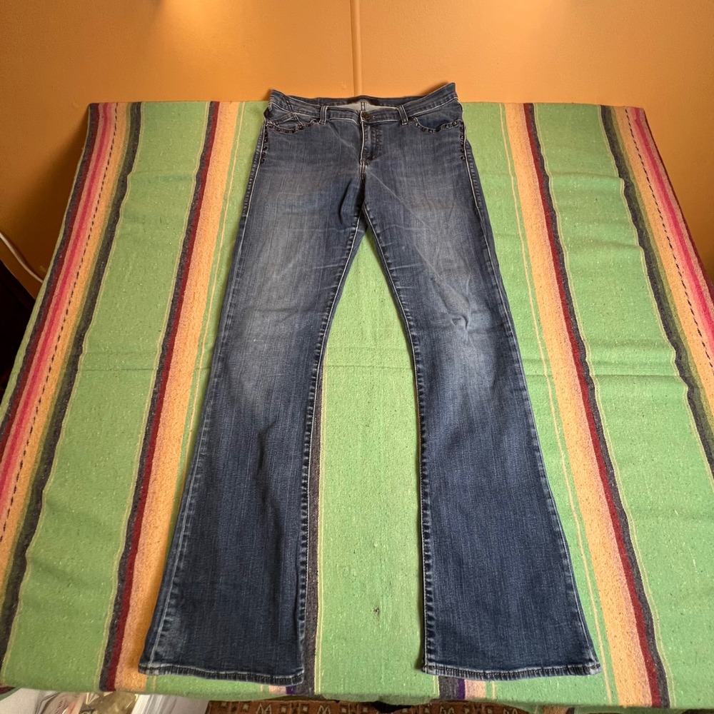 Rock & Republic Jeans Womens 14 Blue Bootcut Studded Flap Pocket Distressed